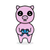 Dibujos animados de cerdo kawaii con joystick. Ilustración de diseño para calcomanías y prendas de vestir. vector