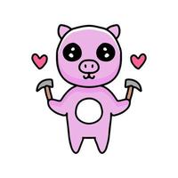 kawaii pig cartoon holding pickaxe . Design illustration for sticker and apparel vector