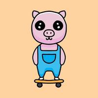 kawaii pig cartoon playing skateboard. Design illustration for sticker and apparel vector