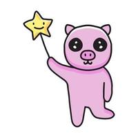 dibujos animados de cerdo kawaii atrapando estrellas. Ilustración de diseño para calcomanías y prendas de vestir. vector