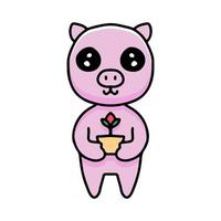 kawaii pig cartoon holding flowers. Design illustration for sticker and apparel vector