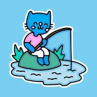 Dibujos animados de pesca de gato kawaii. ilustración para pegatinas y ropa. vector