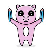 cute pig cartoon holding pencils. Design illustration for sticker and apparel vector