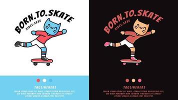 gato jugando patineta en estilo exagerado. ilustración para camisetas, carteles, logotipos, adhesivos o prendas de vestir. vector