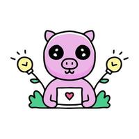 Dibujos animados de cerdo kawaii jugando portátil. ilustración de diseño creativo para calcomanías y prendas de vestir vector