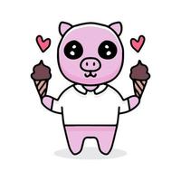 dibujos animados de cerdo lindo con helado. Ilustración de diseño para calcomanías y prendas de vestir. vector