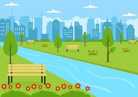 City Park Illustration For People Doing Sport, Relaxing, Playing Or Recreation With Green Tree And Lawn. Scenery Urban Background vector