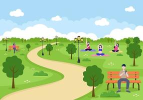 City Park Illustration For People Doing Sport, Relaxing, Playing Or Recreation With Green Tree And Lawn. Scenery Urban Background vector