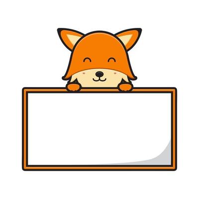 Cute fox with blank board banner cartoon icon vector illustration