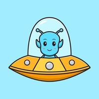 Cute alien flying with ufo cartoon vector icon illustration