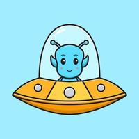 Lindo alienígena volando con ilustración de icono de vector de dibujos animados de ovni