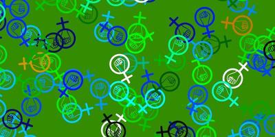 Light Blue, Green vector backdrop with woman's power symbols.