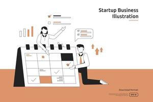 time management and business planing schedule with businessman and calender illustration. startup launch and investment venture concept. teamwork metaphor design web landing page or mobile website vector