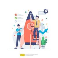 Startup employees teamwork. men and women scenes with spaceship for launching new business. illustration concept of development,  brainstorming, innovation, marketing strategy and grow the idea vector