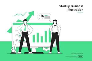 business growth success with arrow up graph on computer screen and people character illustration. startup and investment venture concept. teamwork metaphor design web landing page or mobile website vector