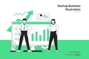 éxito del crecimiento empresarial con la flecha hacia arriba del gráfico en la pantalla de la computadora y la ilustración del personaje de la gente. concepto de empresa de puesta en marcha e inversión. diseño de metáfora de trabajo en equipo página de destino web o sitio web móvil vector