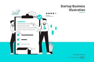 tarea de gestión del trabajo y concepto de planificación empresarial con ilustración de lista de verificación y empresario. lanzamiento de startups y empresas de inversión. Diseño de metáfora de trabajo en equipo, página de destino web o móvil. vector