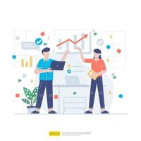 Startup employees teamwork. men and women scenes at office working and make some planning. Business concept illustration of brainstorming,  meeting, negotiation, talking to each other vector