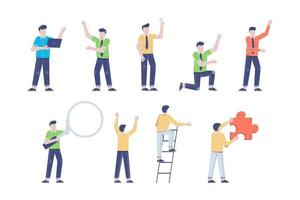 businessman or young man worker character presentation pose set with hand gesture in flat style isolated vector illustration