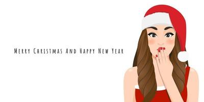 niña de navidad emocionada en vestido rojo y gorro de santa de navidad con feliz año nuevo y feliz festival de navidad personaje de dibujos animados en la ilustración de vector de fondo blanco