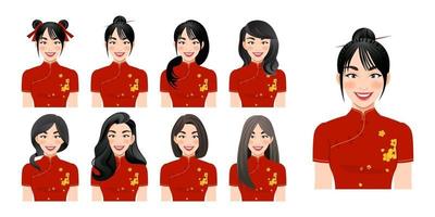 Cheongsam de desgaste de niña china con conjunto de peinado diferente aislado en ilustración de vector de diseño de personaje de dibujos animados