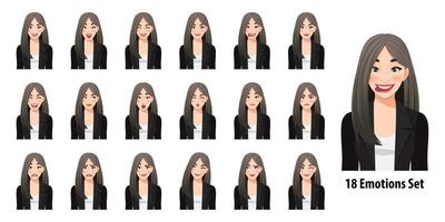 Hermosa mujer de negocios en traje negro con diferentes expresiones faciales aisladas en la ilustración de vector de estilo de personaje de dibujos animados