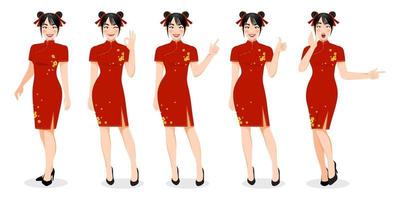 Chinese girl in mandarin gown with Chinese new year festival cartoon character on the white background vector illustration