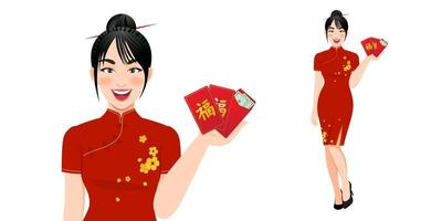 mujer china en ropa tradicional sosteniendo los sobres rojos. feliz año nuevo chino concepto vector