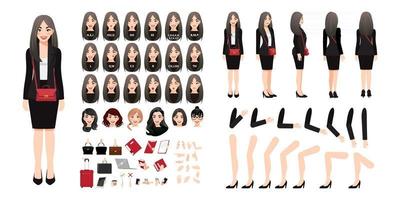 Businesswoman cartoon character creation set with various views, hairstyles, face emotions, lip sync and poses. Parts of body template for design work and animation. 025 vector