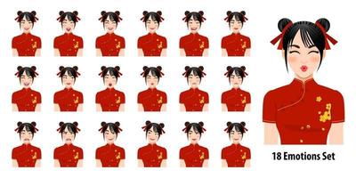 Chinese girl in mandarin gown with different facial expressions set isolated in cartoon character style vector illustration