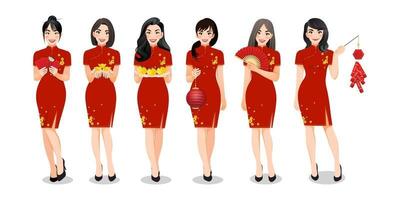 Chinese women's group holding Chinese new year elements in traditional style clothes set and different gestures isolated vector illustration