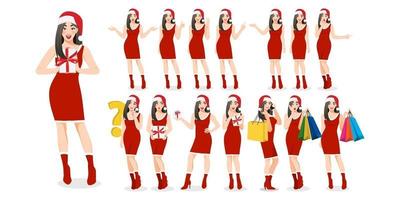 Christmas girl group in red dress style cartoon character set different gestures isolated. Merry Christmas and Happy new year concept vector illustration