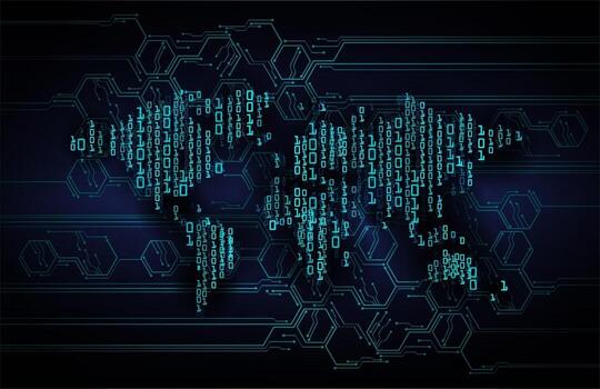 Tecnología futura de la placa de circuito binario mundial, fondo azul del concepto de seguridad cibernética de hud vector