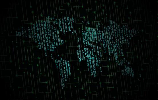 Tecnología futura de la placa de circuito binario mundial, fondo azul del concepto de seguridad cibernética de hud vector