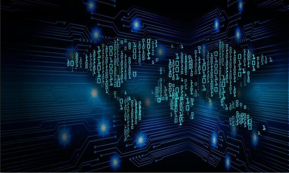 Tecnología futura de la placa de circuito binario mundial, fondo azul del concepto de seguridad cibernética de hud vector