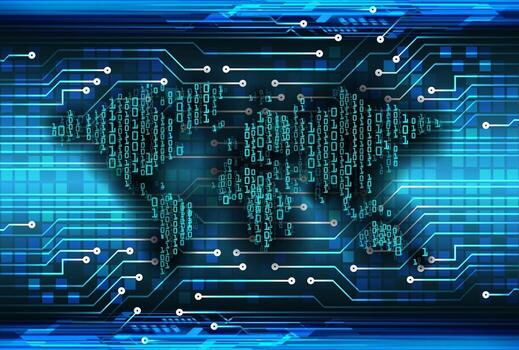Tecnología futura de la placa de circuito binario mundial, fondo azul del concepto de seguridad cibernética de hud vector
