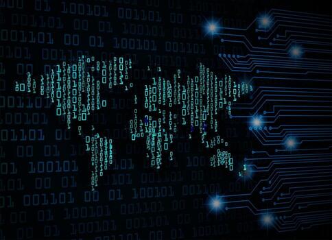 Tecnología futura de la placa de circuito binario mundial, fondo azul del concepto de seguridad cibernética de hud vector