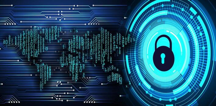 Tecnología futura de la placa de circuito binario mundial, fondo azul del concepto de seguridad cibernética de hud vector