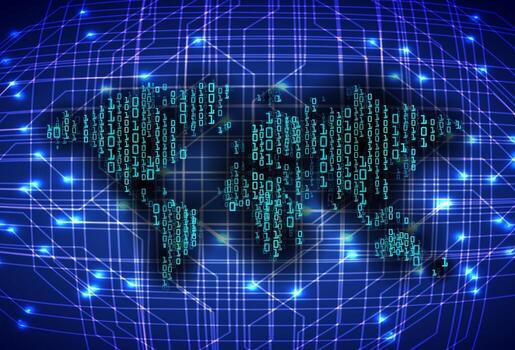 Tecnología futura de la placa de circuito binario mundial, fondo azul del concepto de seguridad cibernética de hud vector