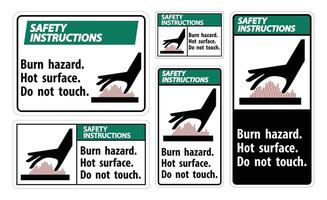 Instrucciones de seguridad peligro de quemaduras, superficie caliente, no toque el símbolo de signo aislado sobre fondo blanco, ilustración vectorial vector