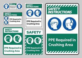 Instrucciones de seguridad firmar ppe requerido en el área de trituración aislar sobre fondo blanco. vector