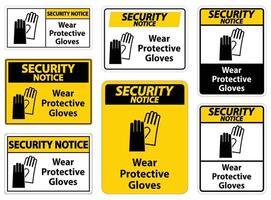 Aviso de seguridad use guantes protectores firmar sobre fondo blanco. vector