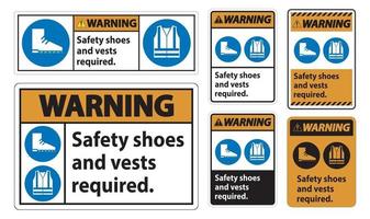 Señal de advertencia Se requiere calzado y chaleco de seguridad con símbolos de ppe sobre fondo blanco. vector
