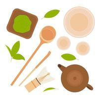 Japanese tea ceremony. Various tools for preparing drink. Flat lay top view vector