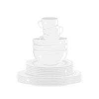 Stack of clean shining white dishes isolated on white background. Washed dishware, kitchen tableware vector