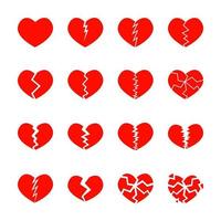 conjunto de iconos de corazones rotos rojos aislados sobre fondo blanco. Diferentes símbolos de angustia, divorcio, despedida. vector