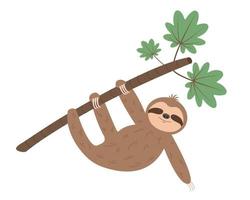 Funny sloth hanging on tree branch. Cartoon animal character vector
