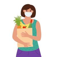 Woman in medical protective mask holding grocery bag with food. Shopping during pandemic concept vector