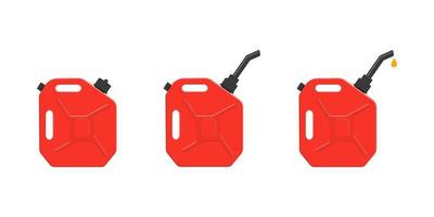 Petrol canisters with closing cap, spout and pouring gasoline drop. Set of gas cans, fuel containers vector