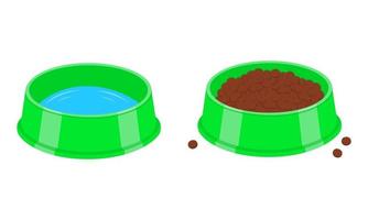 Dog or cat bowls filled with water and kibble. Pet plastic plates with drink and food vector